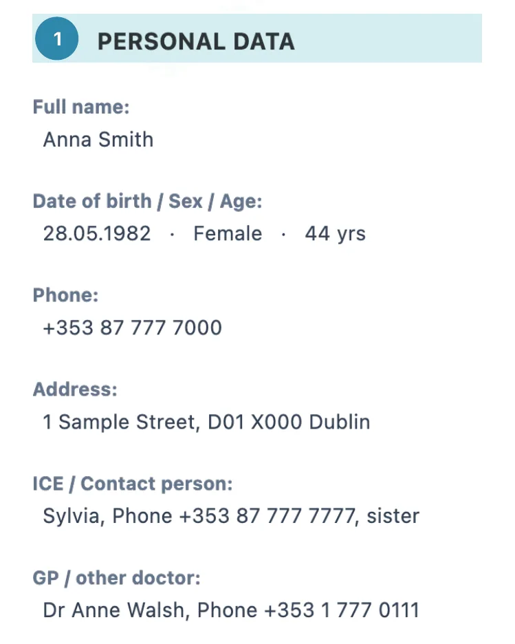 Fragment of a sample profile in English: name, date of birth, phone, address and a close person's contact. Sample data