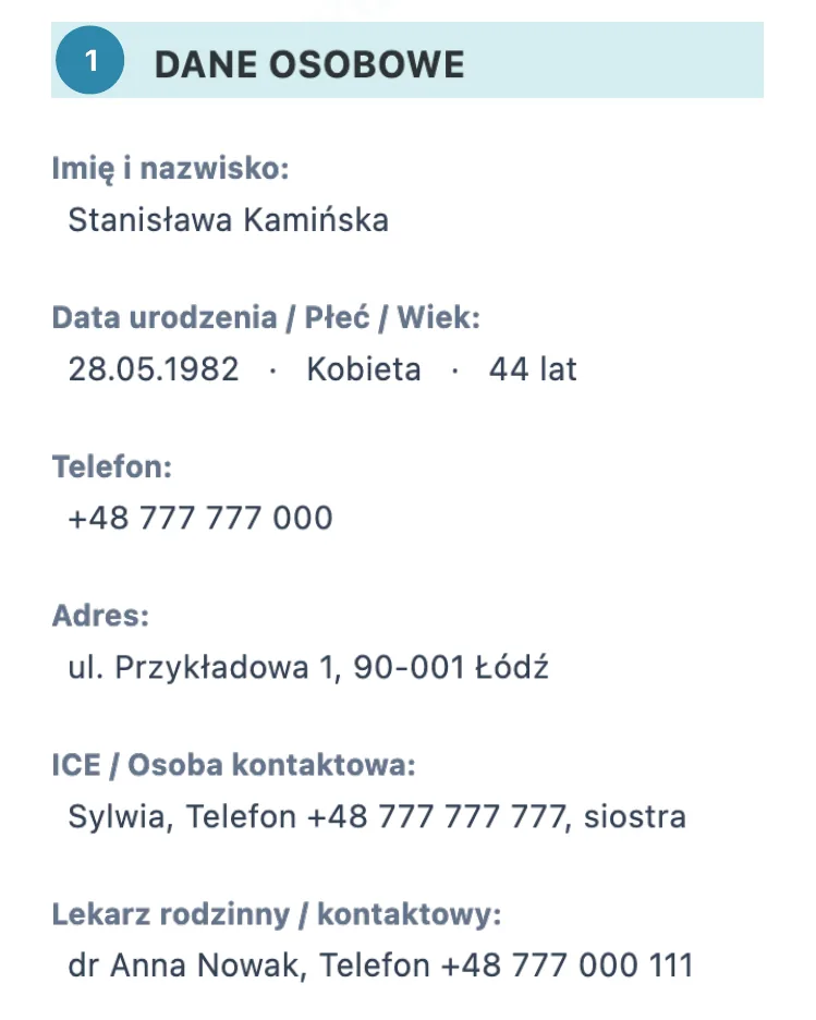 Fragment przykładowego profilu po polsku: imię i nazwisko, data urodzenia, telefon, adres i kontakt do bliskiej osoby. Dane przykładowe