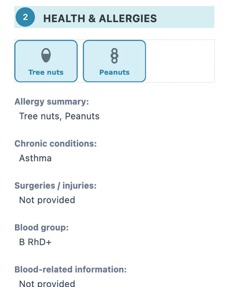 Fragment of a sample profile in English: allergies, chronic conditions and blood type. Sample data