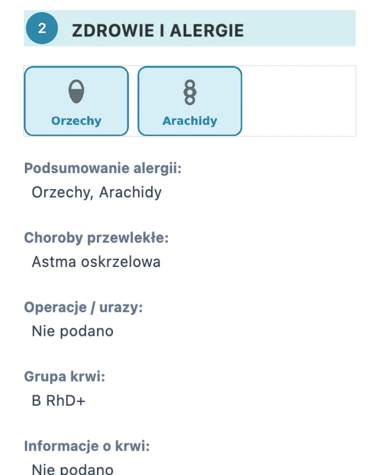 Fragment przykładowego profilu po polsku: alergie, choroby przewlekłe i grupa krwi. Dane przykładowe