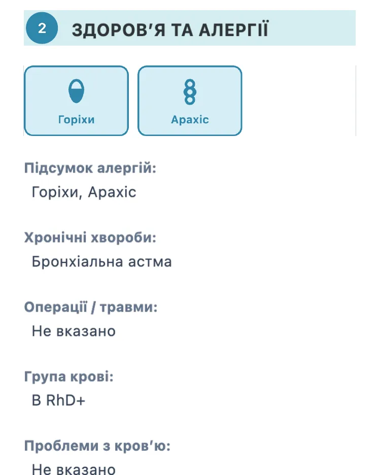 Фрагмент зразкового профілю українською: алергії, хронічні хвороби і група крові. Дані вигадані